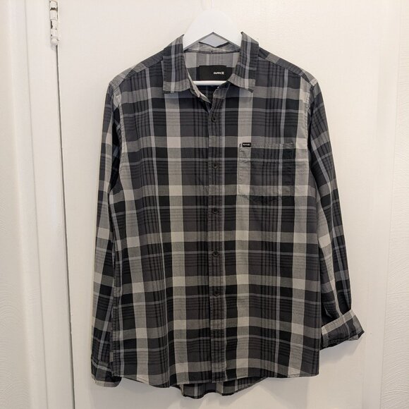 HURLEY Plaid long sleeve button down shirt in black and gray Men's medium - Picture 1 of 12